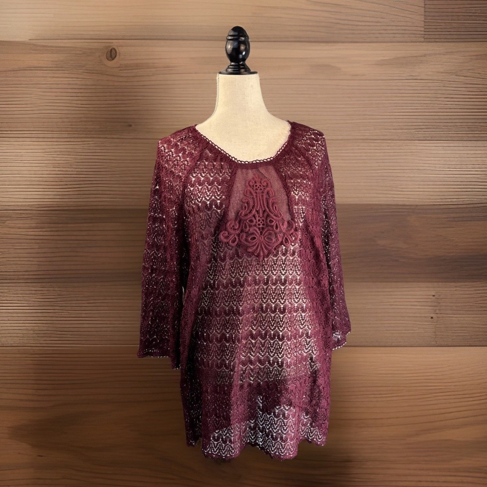 Burgundy Openwork Lace Dress L Embroidered Medallion Bell Sleeve Suzanne Betro